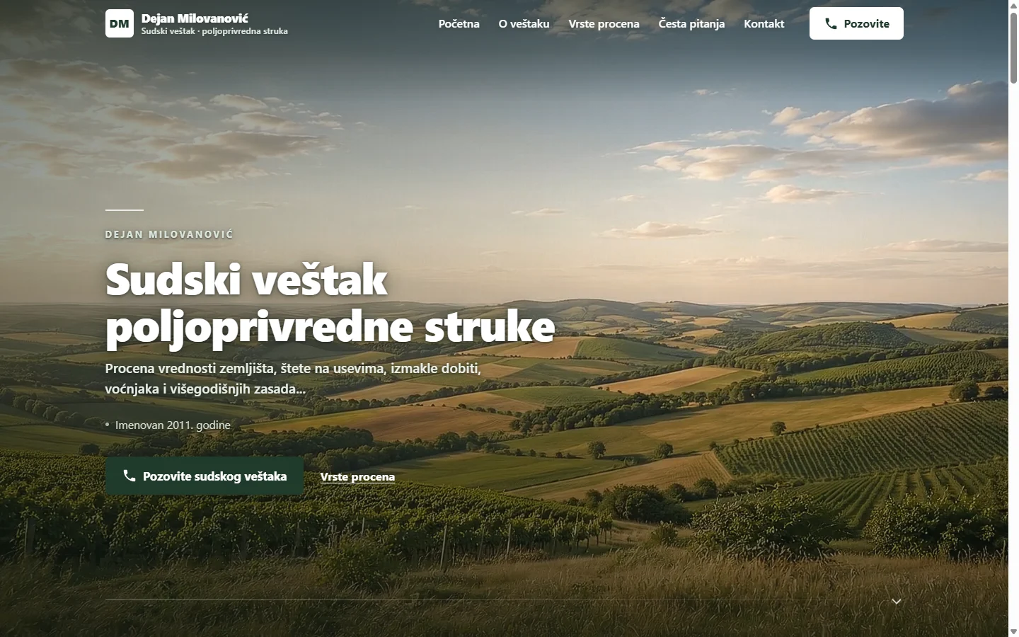 Nova početna strana sajta sudskog veštaka za poljoprivredu: naslov preko snimka vinograda i dugme za poziv.