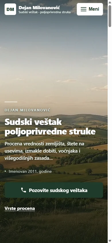 Novi sajt na telefonu: čitljiv naslov i dugme za poziv.